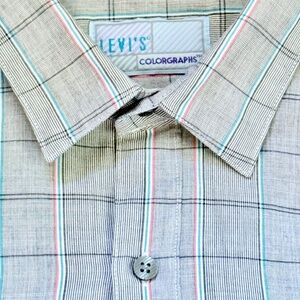 Vintage Levis Mens Colorgraphs Button Down Shirt Gray White Plaid Large